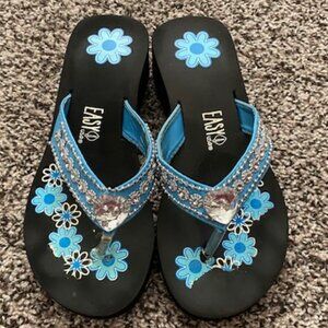 Light BLUE Sandal FLIP FLOPS *Lightweight BLACK WEDGE *RHINESTONES Heart M (7-8)